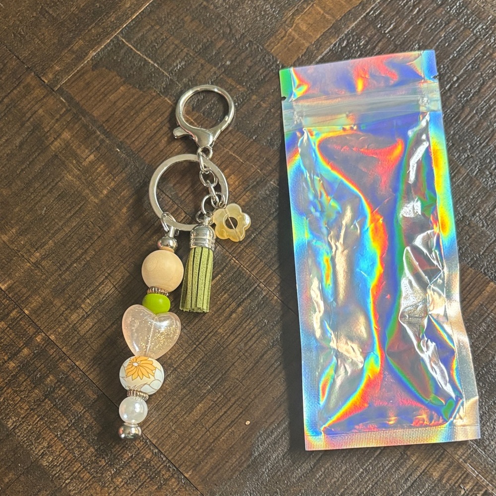 Beaded Keychain with Heart and Flower Charms